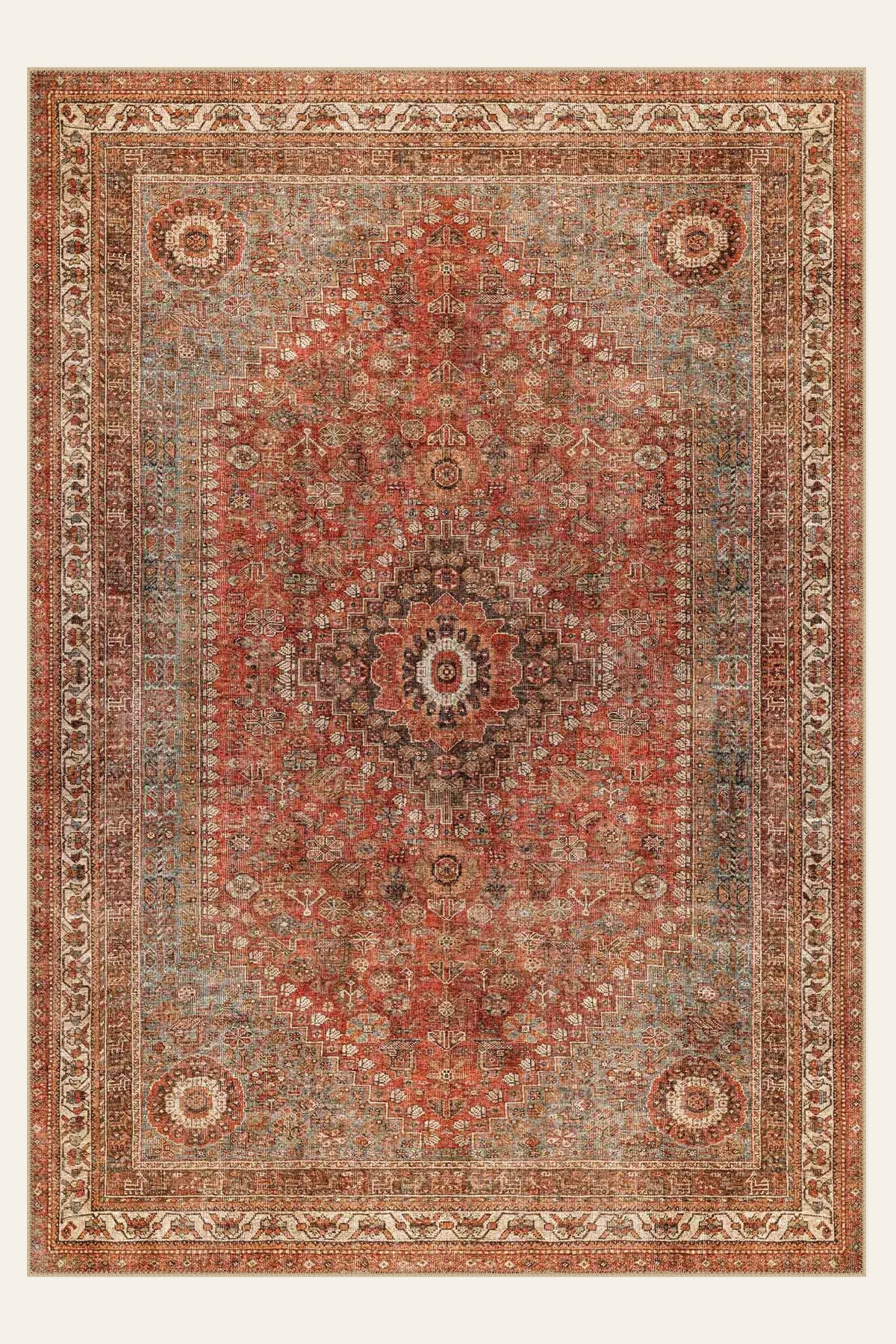 Rustic Heriz washable rug, an antique Heriz medallion rewoven in a washable construction