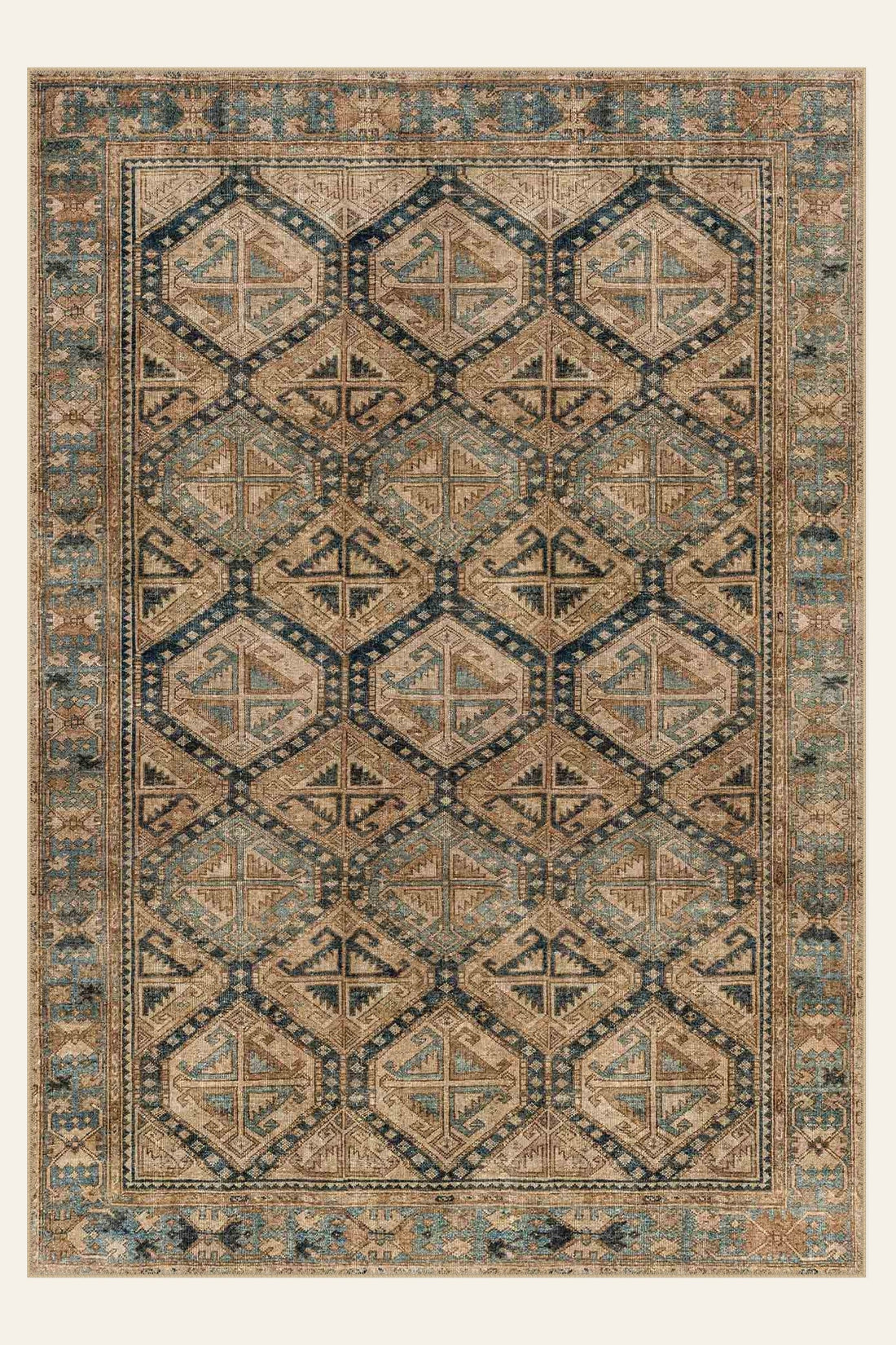 Honeycomb Tribe washable rug, a repeating honeycomb field in warm tones