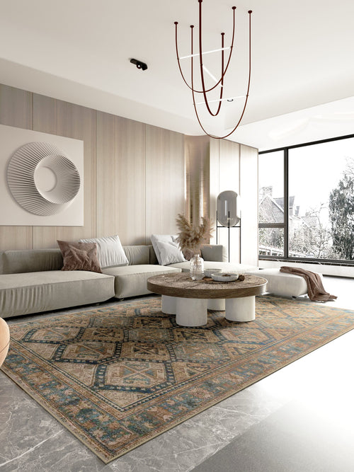 Honeycomb Tribe washable area rug in a styled room, rectangular, low-pile cotton blend