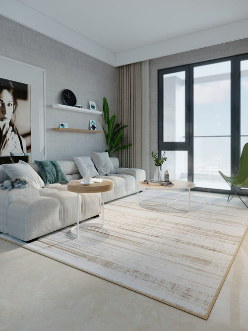 Linen Lines washable area rug in a styled room, rectangular, low-pile cotton blend