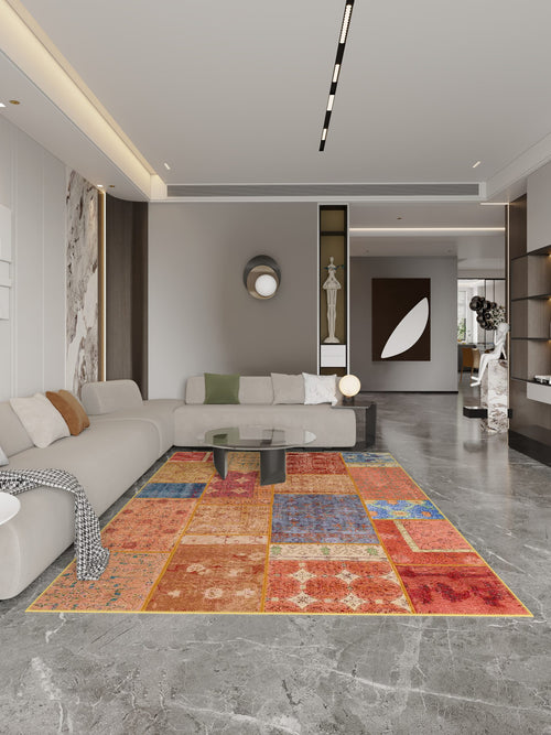 Patchwork Bazaar washable area rug in a styled room, rectangular, low-pile cotton blend