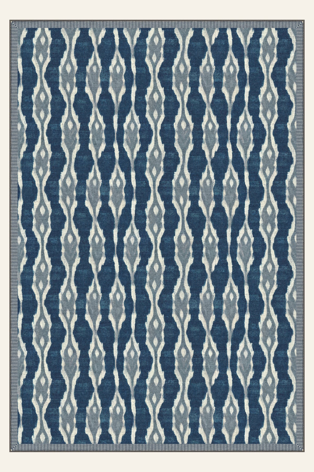 Ikat Spindle Indigo washable rug, rectangle shape, top view