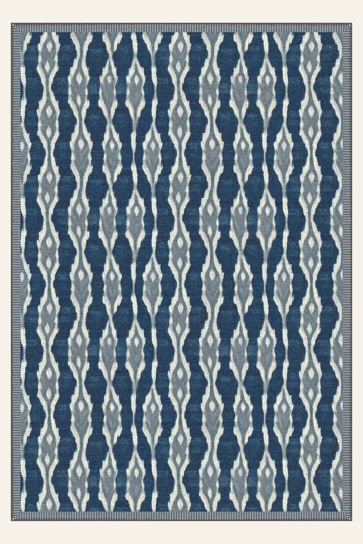 Tapis lavable Ikat Spindle Indigo, forme rectangulaire, vu de dessus
