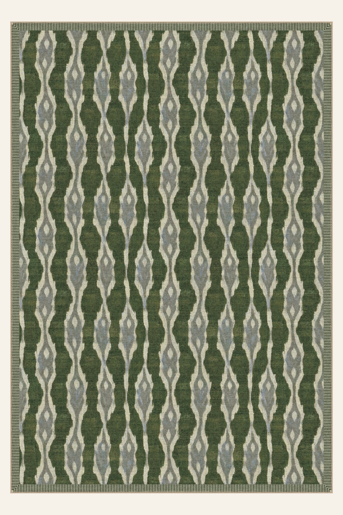 Ikat Spindle Moss Green washable rug, rectangle shape, top view