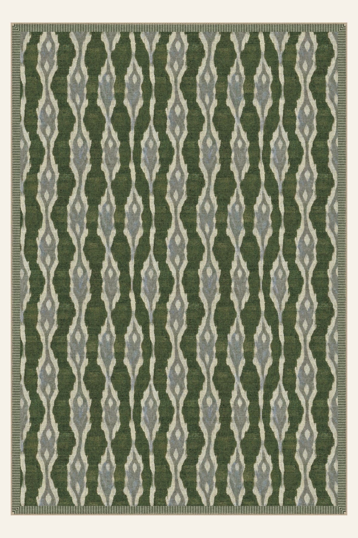 Ikat Spindle Moss Green washable rug, rectangle shape, top view