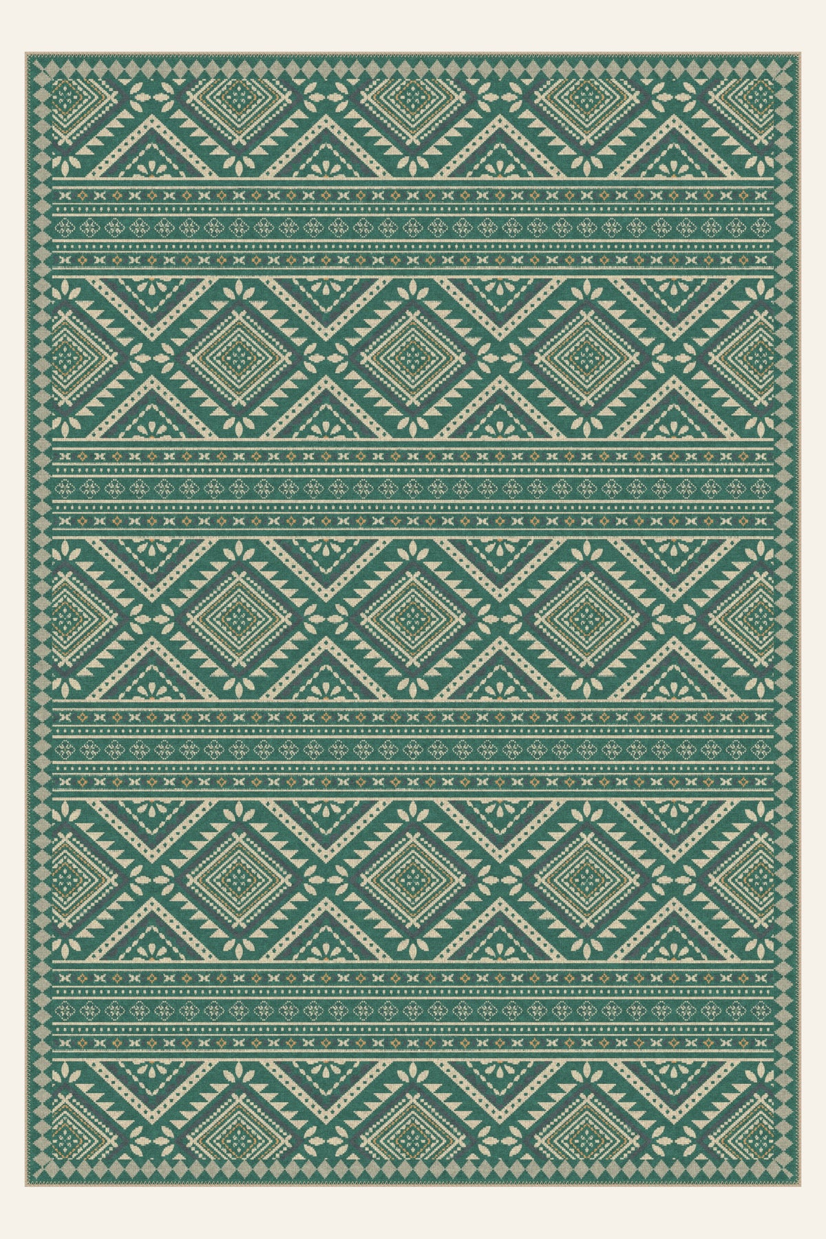 Lozenge Kilim Teal washable rug, rectangle shape, top view