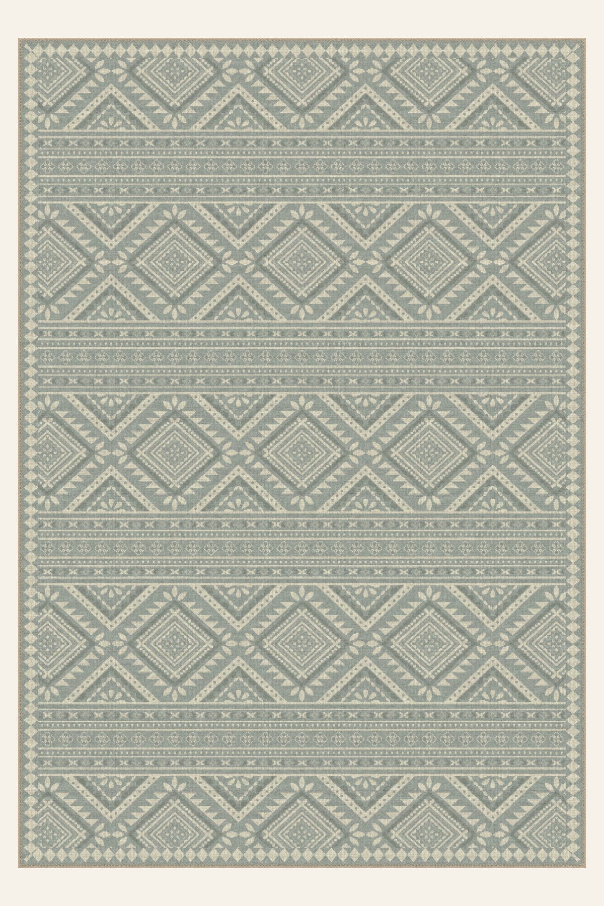 Lozenge Kilim Sage Gray washable rug, rectangle shape, top view