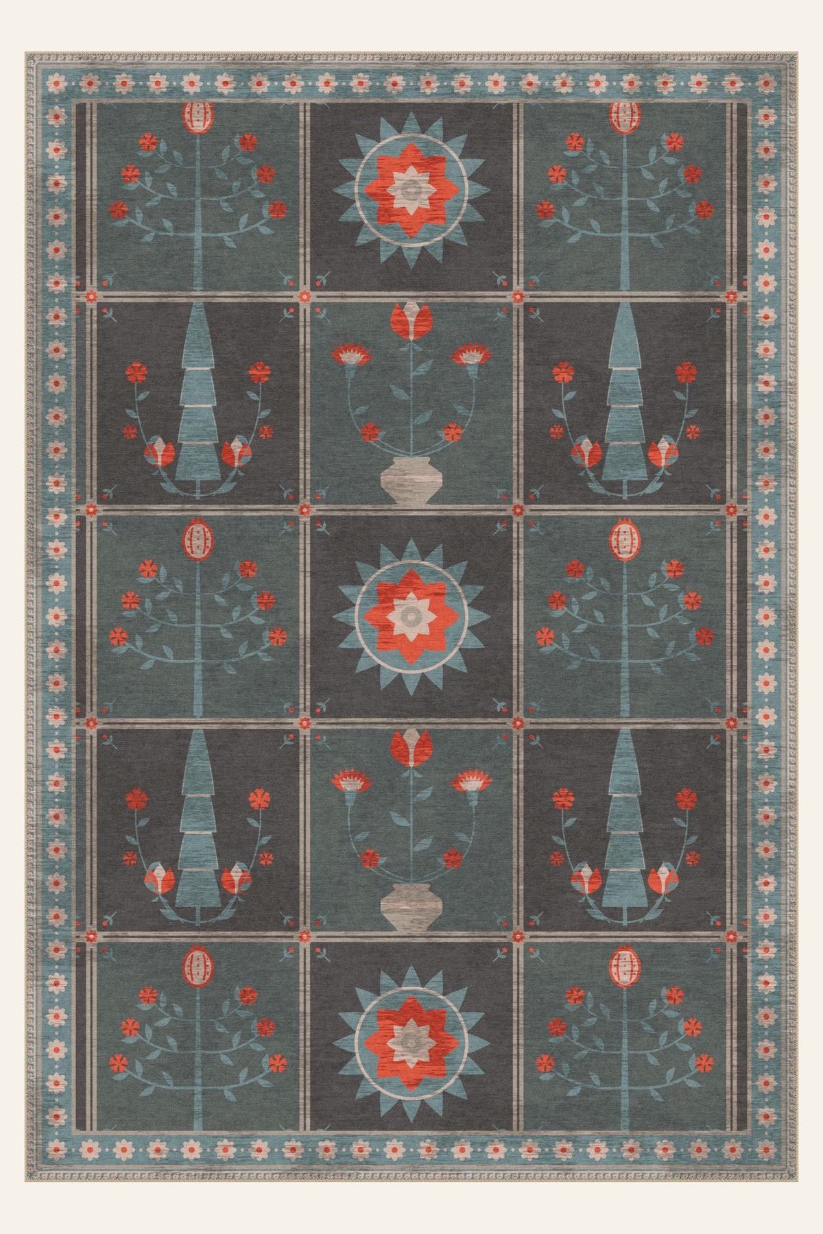 Folk Orchard Slate Blue washable rug, rectangle shape, top view