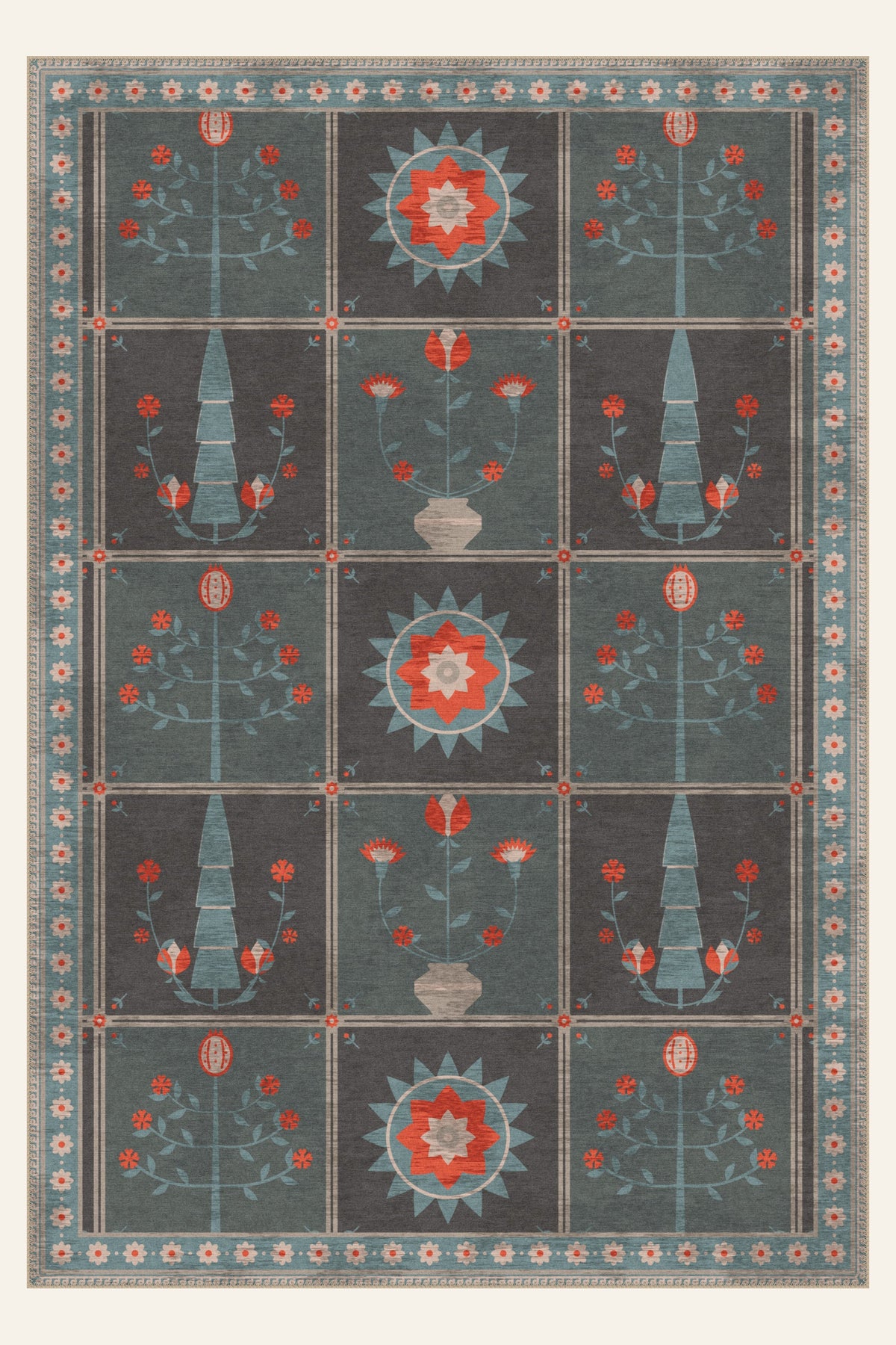Alfombra lavable Folk Orchard Slate Blue, forma rectangular, vista superior