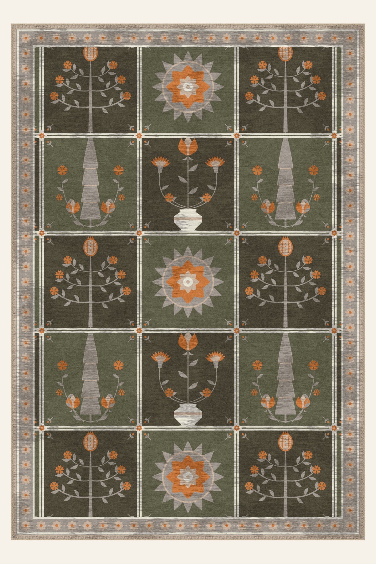 Tappeto lavabile Folk Orchard Olive, forma rettangolare, vista dall'alto