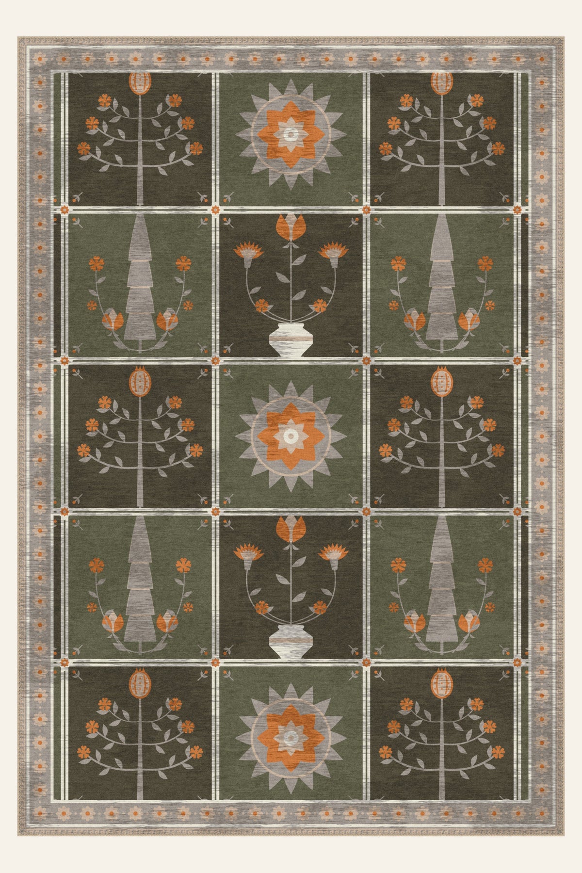 Alfombra lavable Folk Orchard Olive, forma rectangular, vista superior
