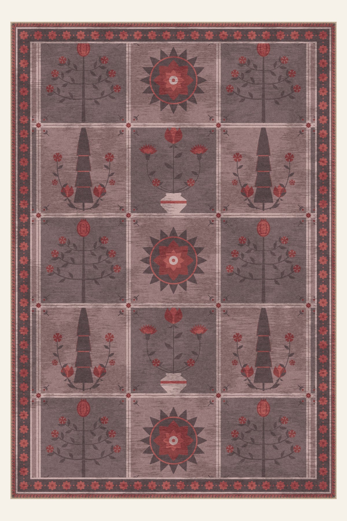 Folk Orchard Mauve washable rug, rectangle shape, top view