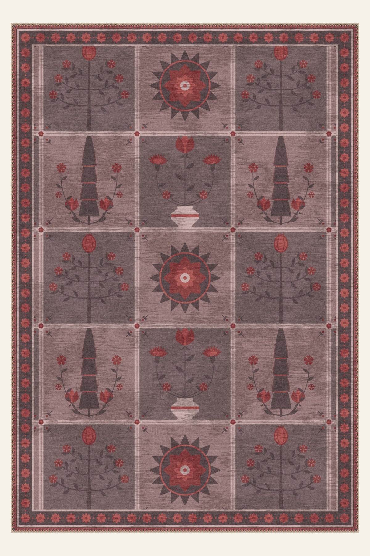 Alfombra lavable Folk Orchard Mauve, forma rectangular, vista superior