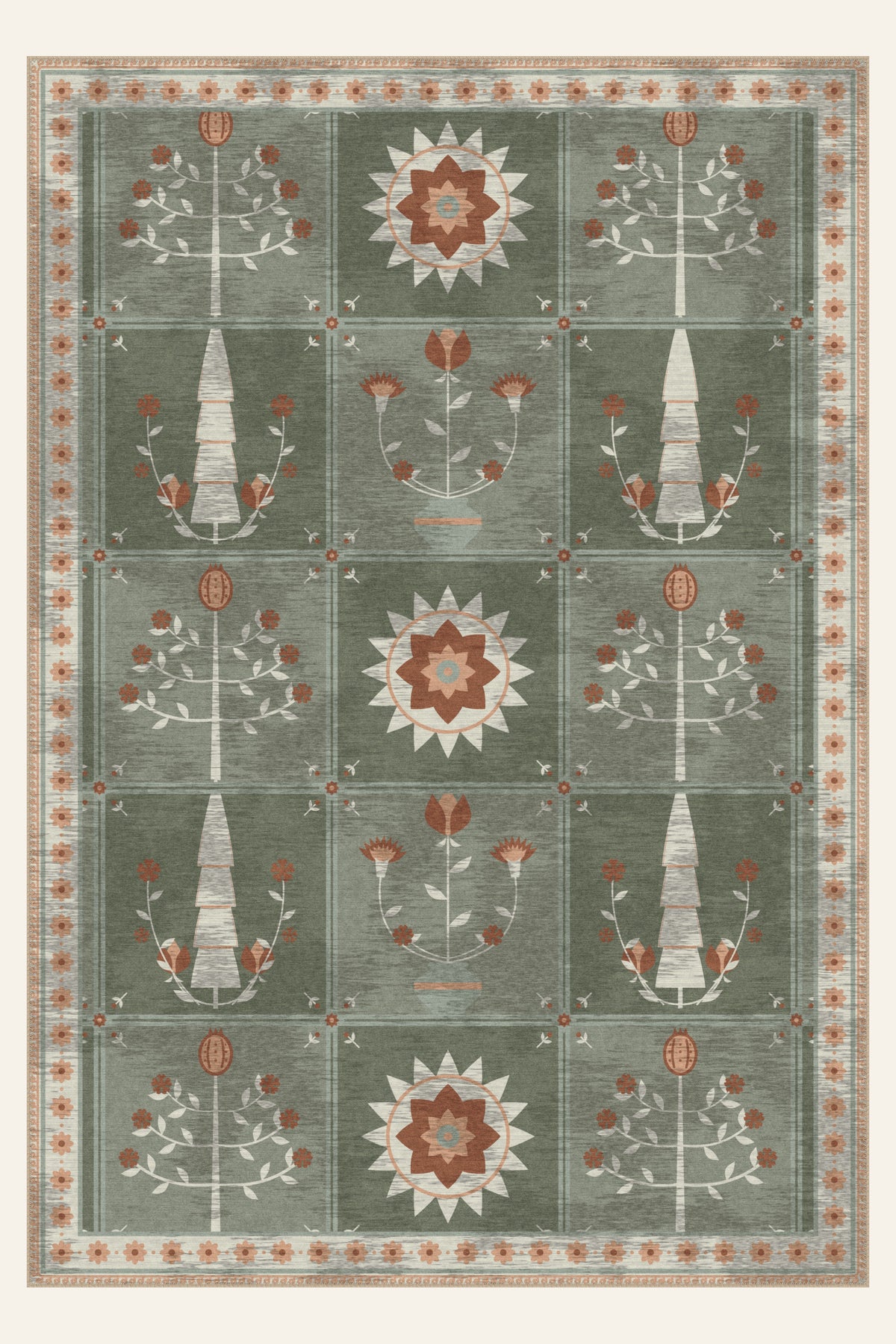 Alfombra lavable Folk Orchard Sage, forma rectangular, vista superior