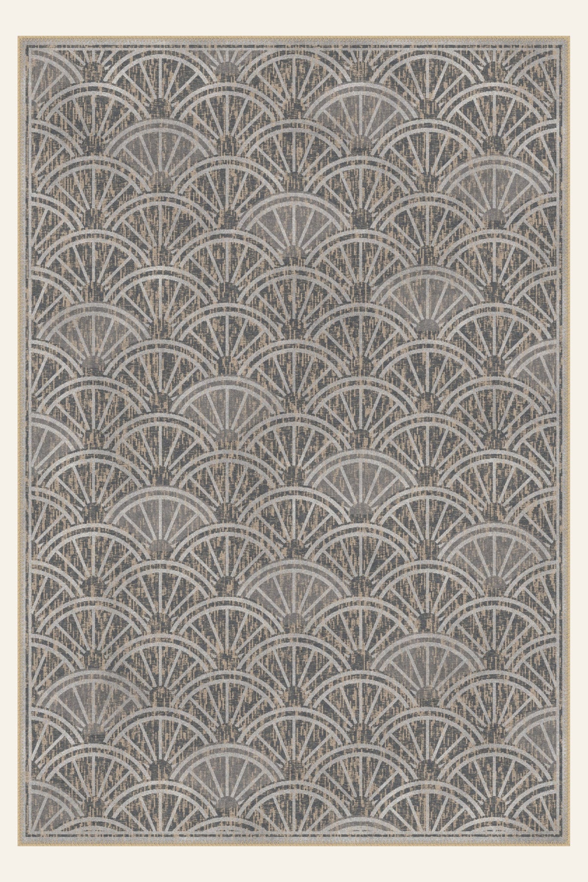 Deco Fan Charcoal washable rug, rectangle shape, top view