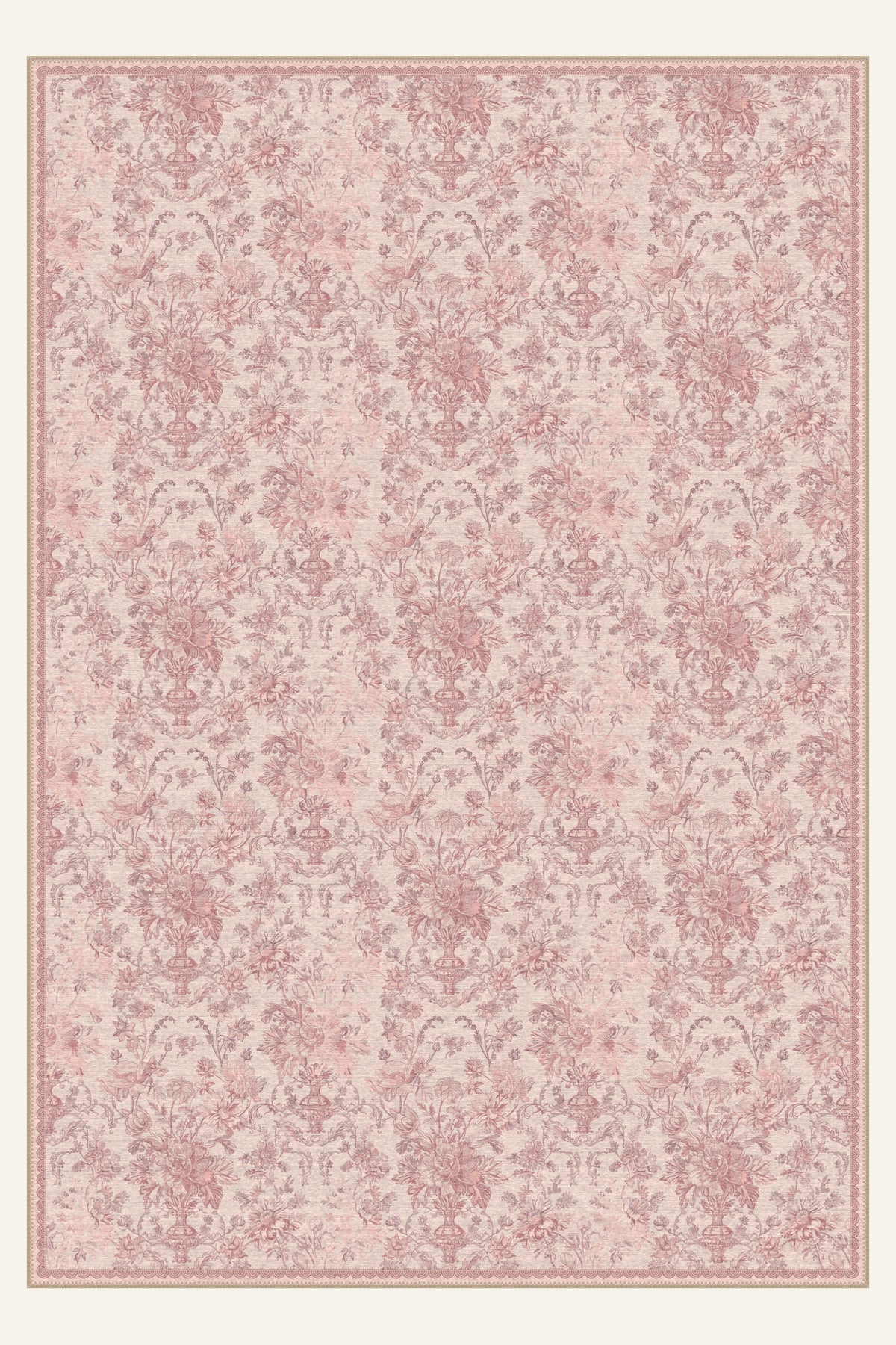 Tapis lavable Etched Bouquet Dusty Rose, forme rectangulaire, vu de dessus