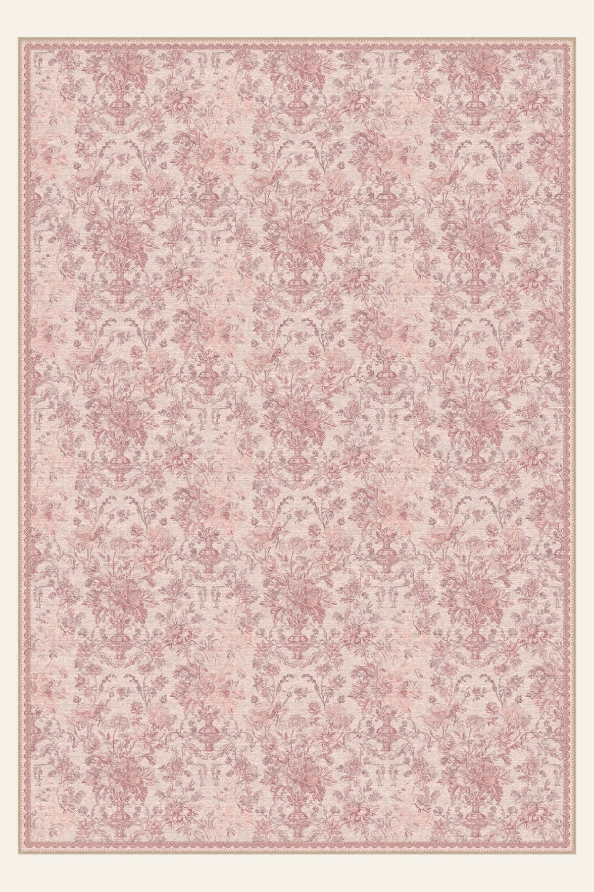Tapis lavable Etched Bouquet Dusty Rose, forme rectangulaire, vu de dessus