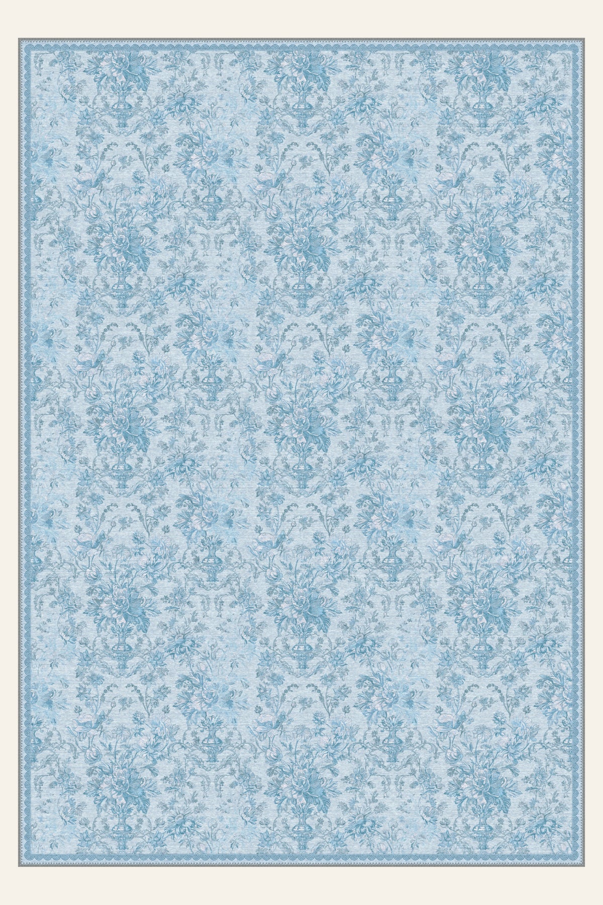 Etched Bouquet Sky Blue washable rug, rectangle shape, top view