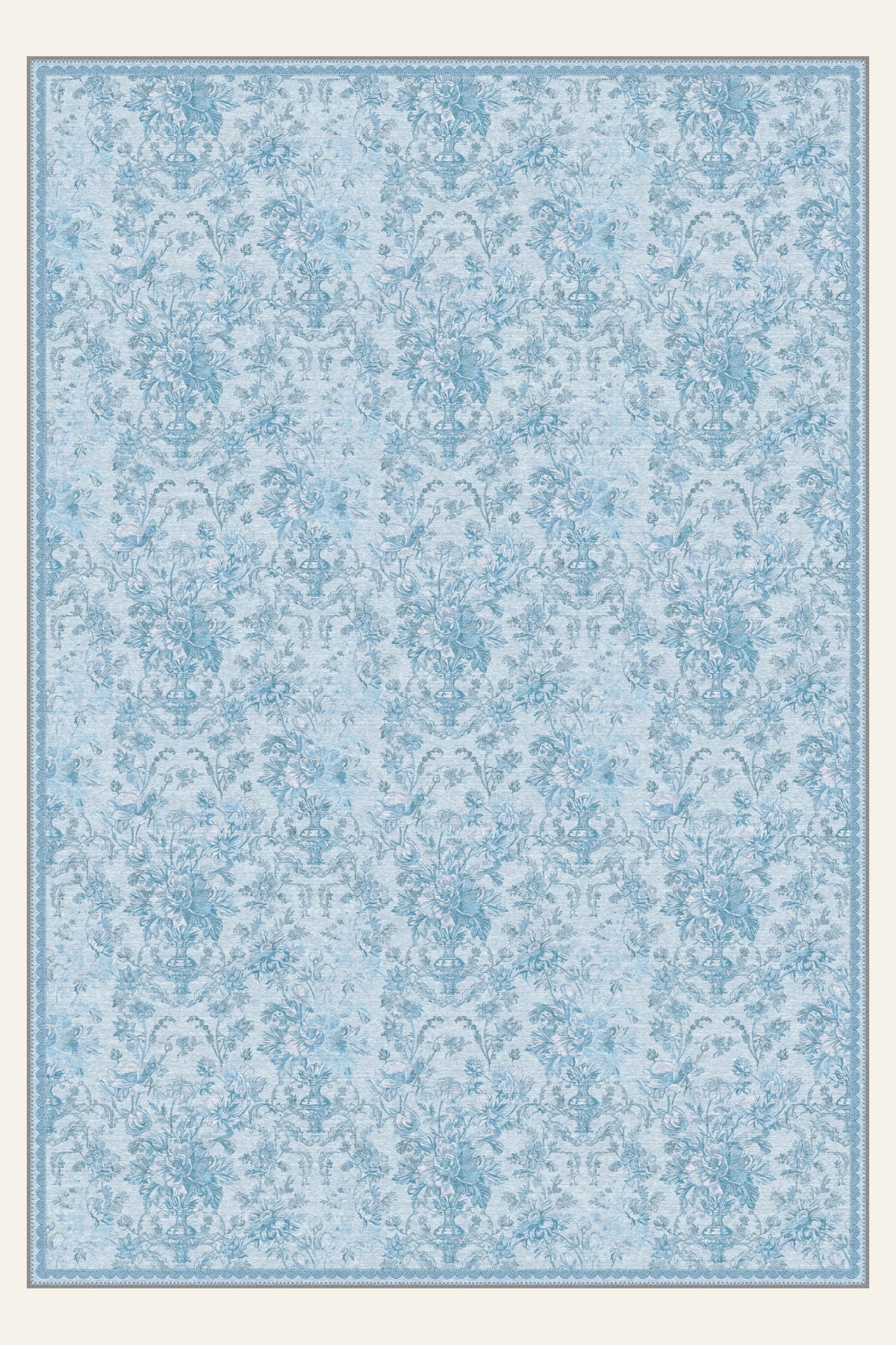 Tapis lavable Etched Bouquet Sky Blue, forme rectangulaire, vu de dessus