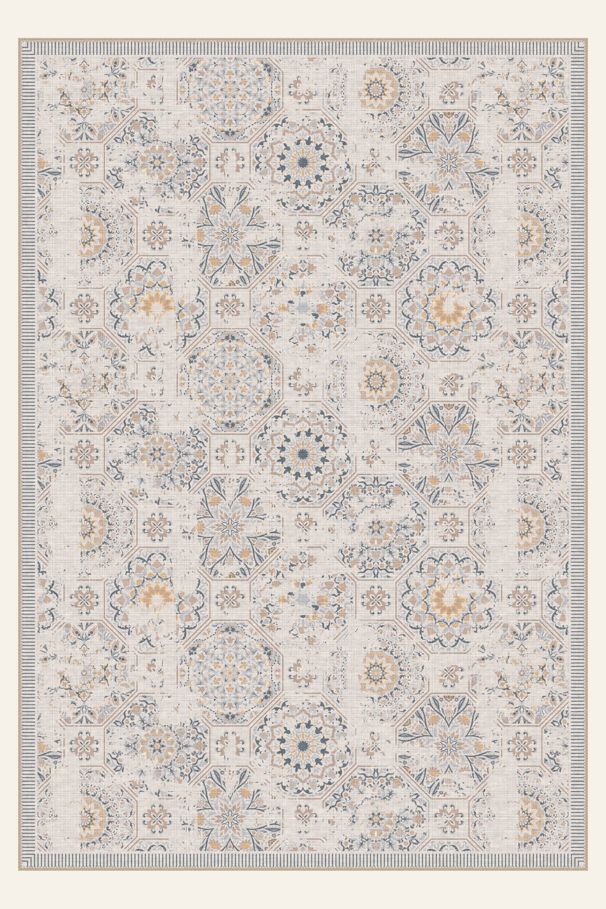 Courtyard Tile Ochre washable rug, rectangle shape, top view