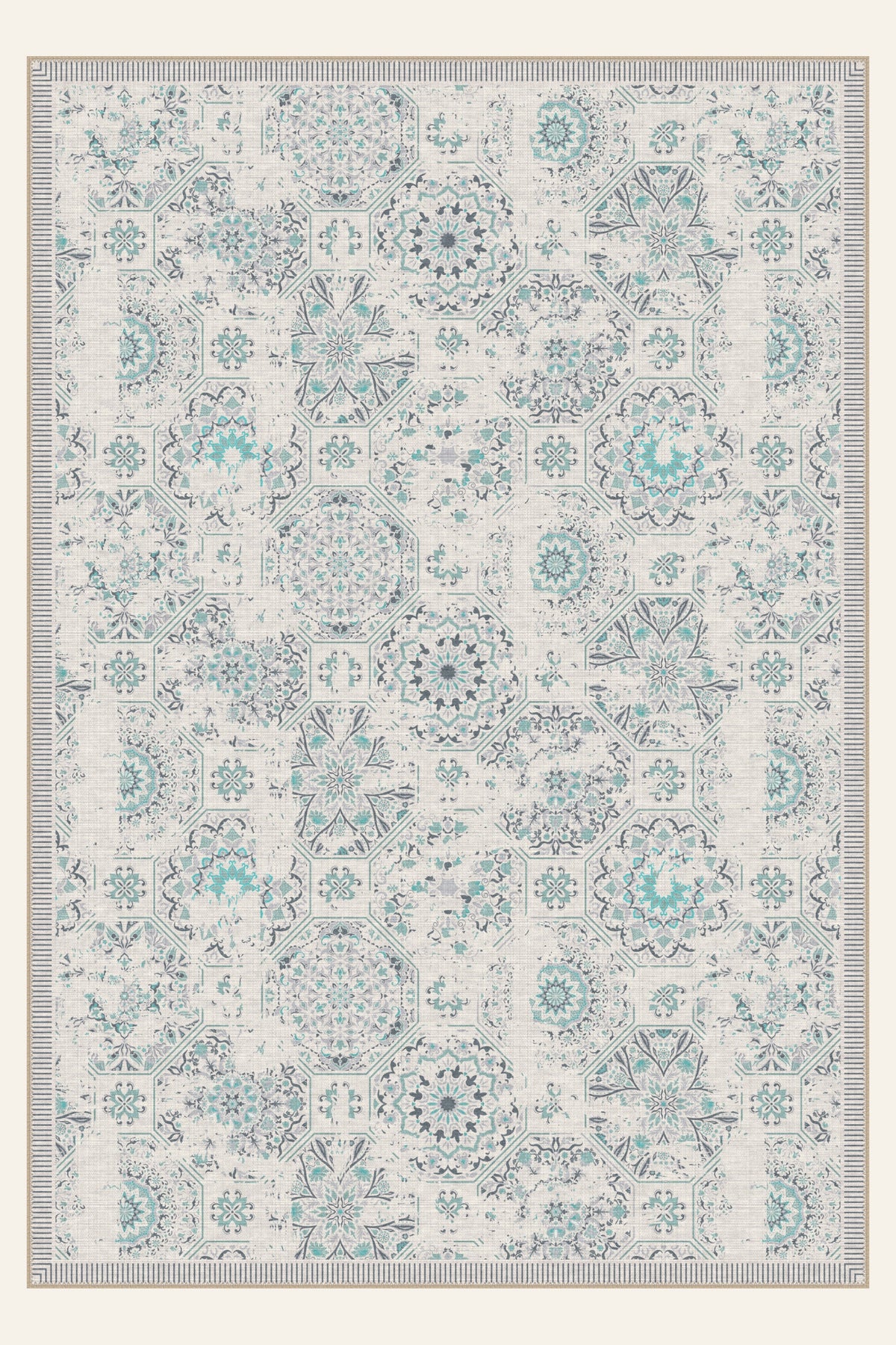 Courtyard Tile Aqua washable rug, rectangle shape, top view