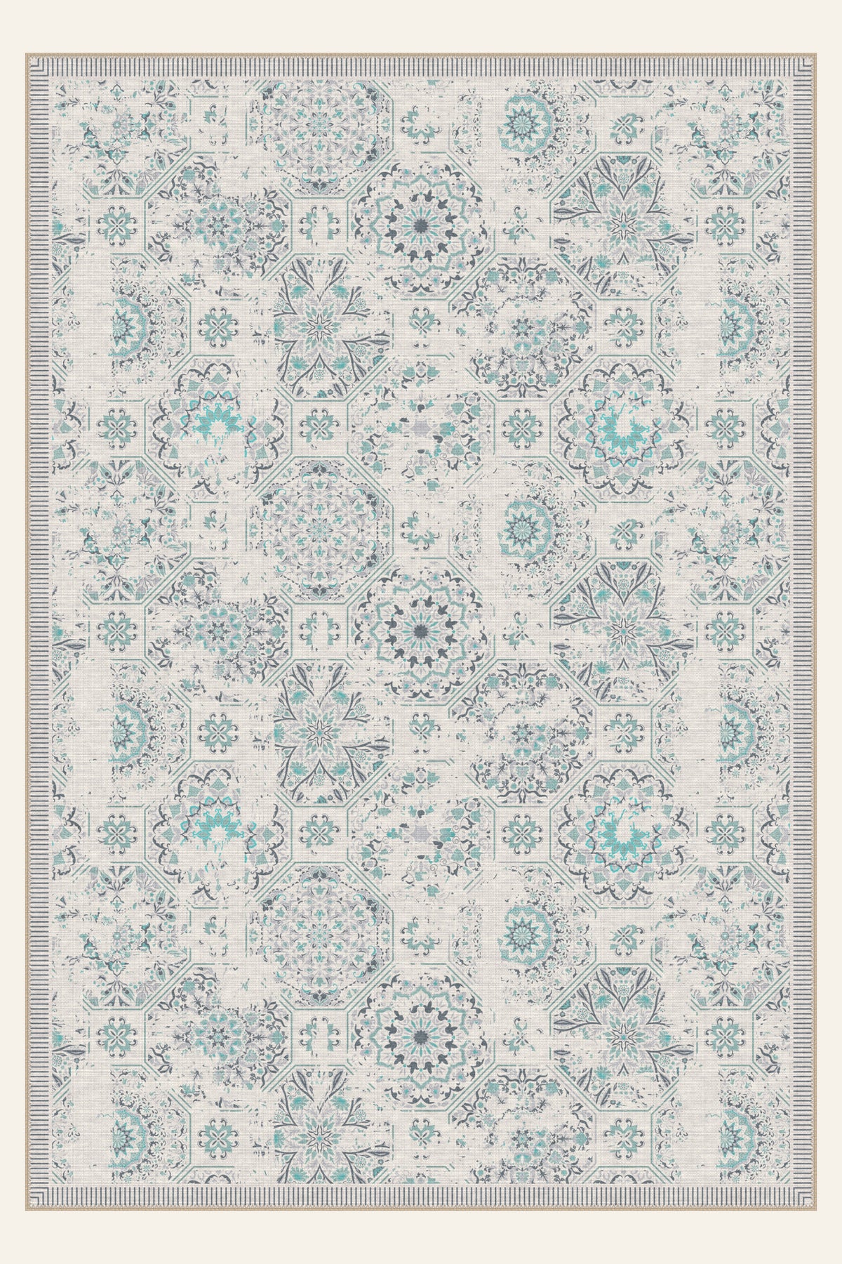 Courtyard Tile Aqua washable rug, rectangle shape, top view