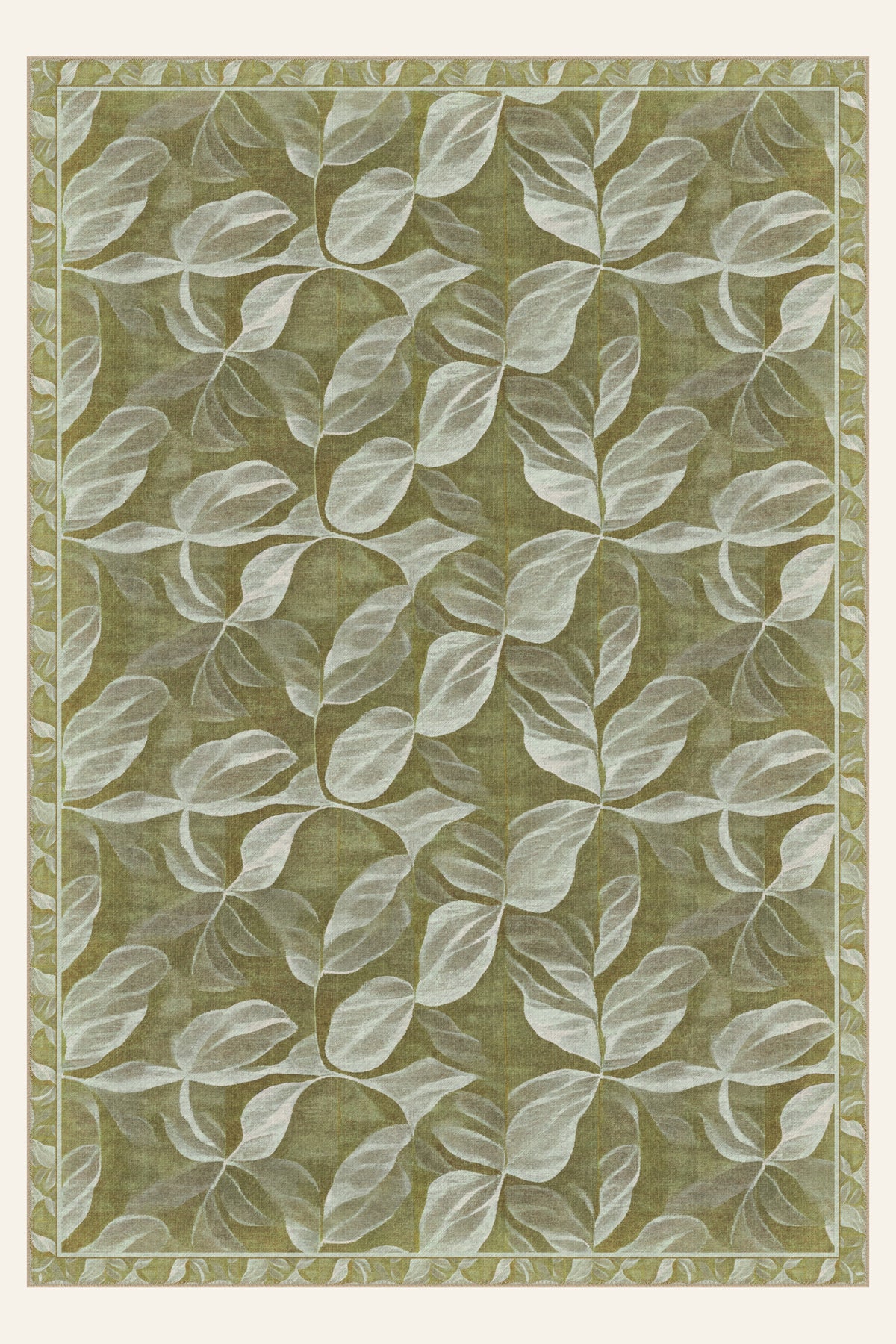 Alfombra lavable Leaf Veil Olive, forma rectangular, vista superior