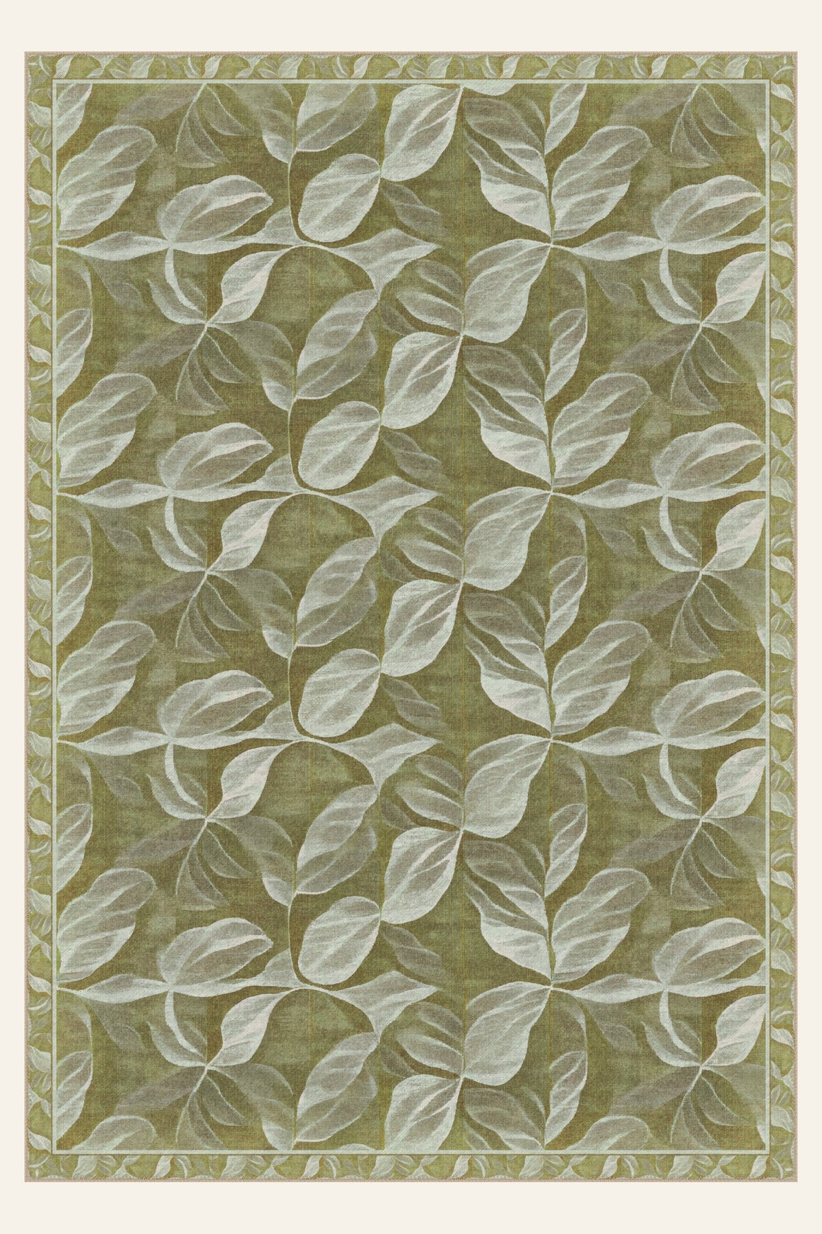 Tappeto lavabile Leaf Veil Olive, forma rettangolare, vista dall'alto