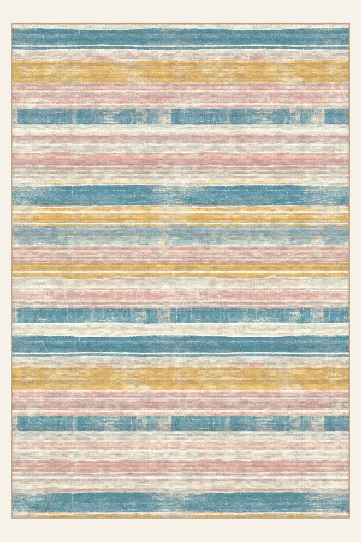 Village Rows Teal Multi washable rug, rectangle shape, top view