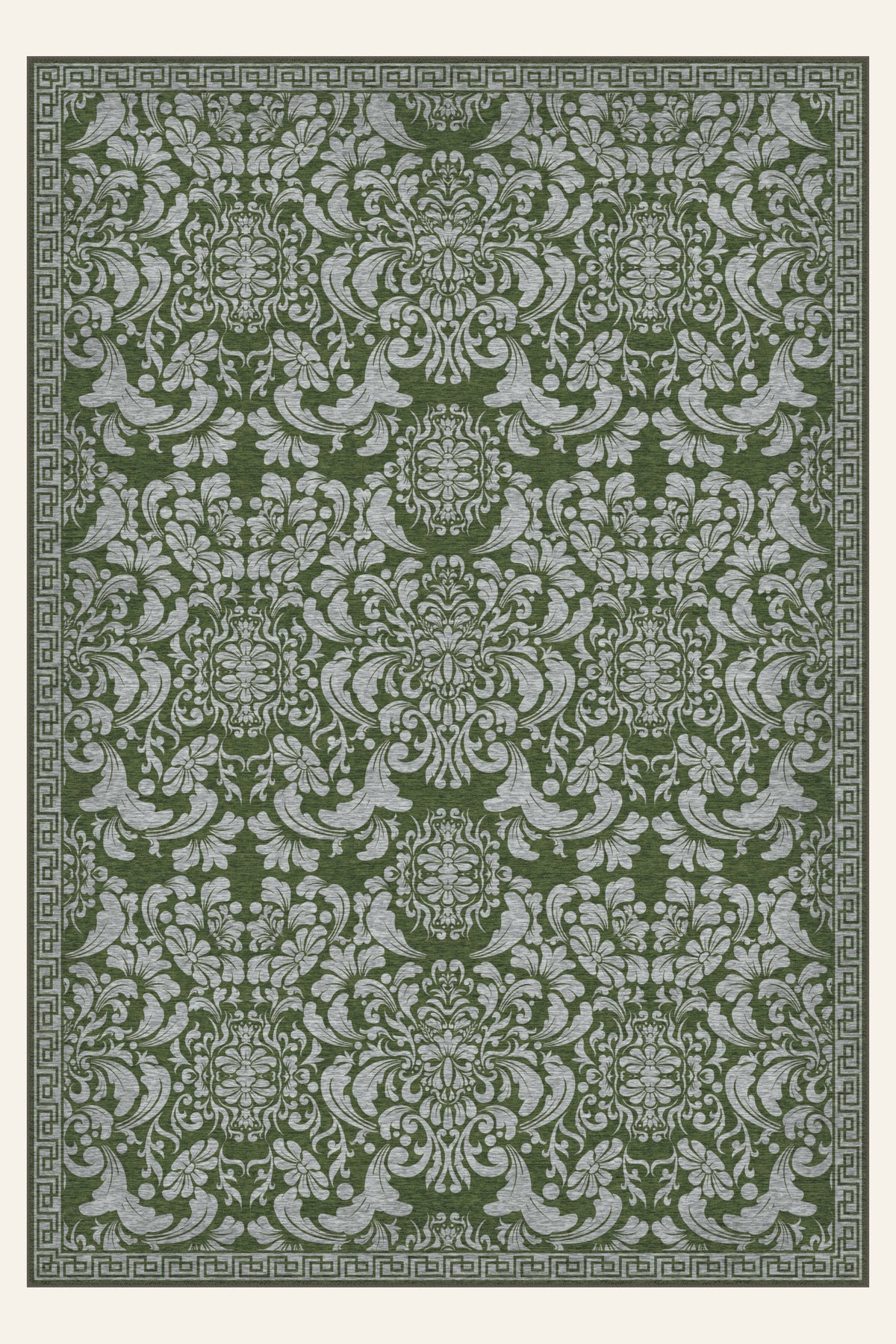 Tapis lavable Palazzo Scroll Moss Green, forme rectangulaire, vu de dessus