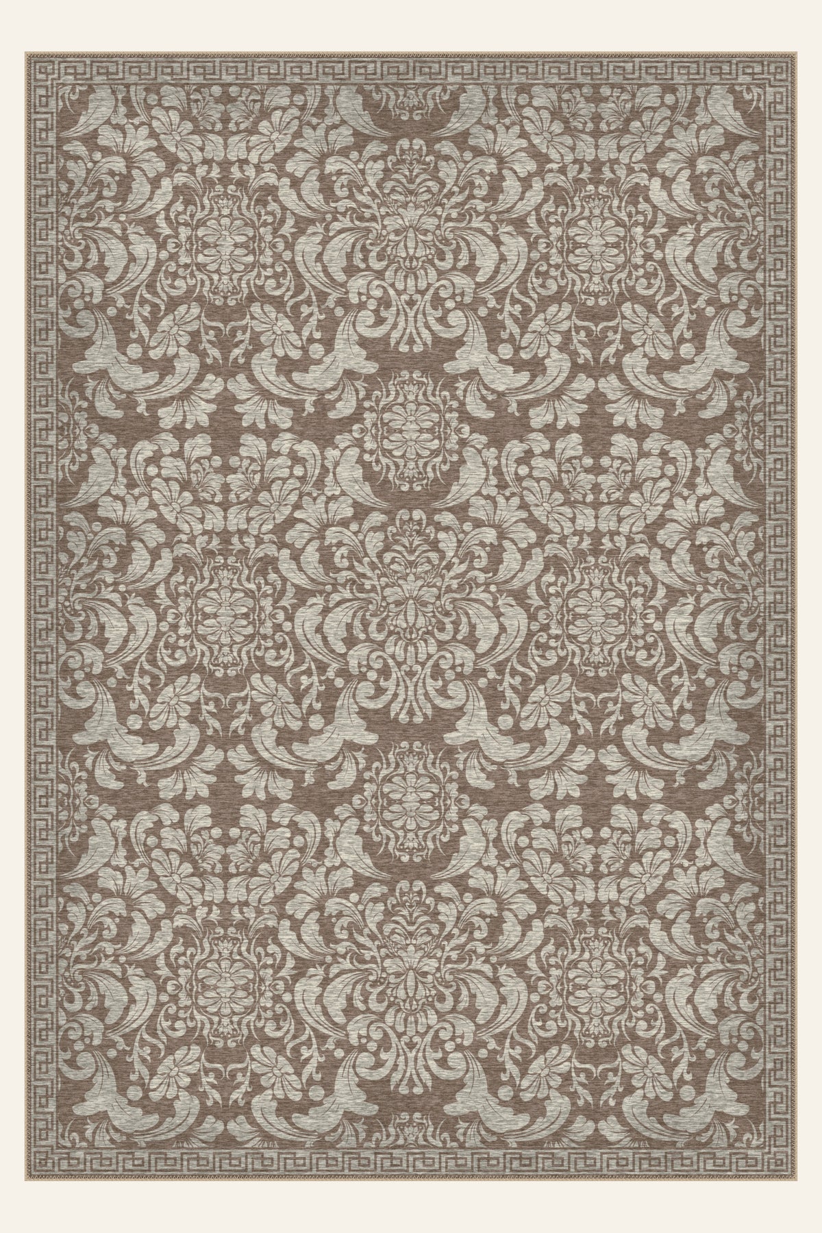 Palazzo Scroll Taupe washable rug, rectangle shape, top view