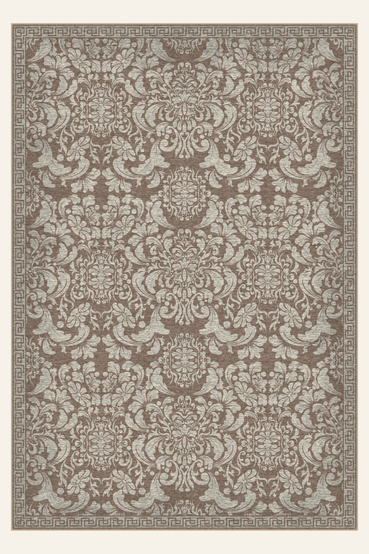 Palazzo Scroll Taupe washable rug, rectangle shape, top view