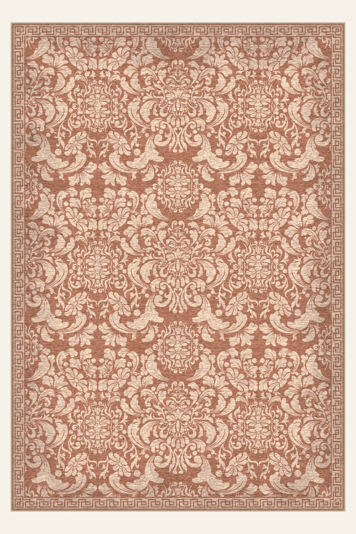Palazzo Scroll Terracotta washable rug, rectangle shape, top view