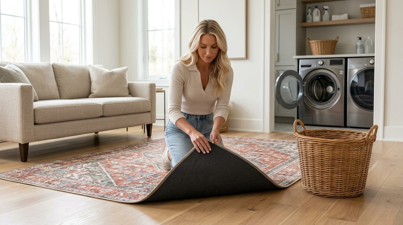 Machine-washable rug styled in a home interior