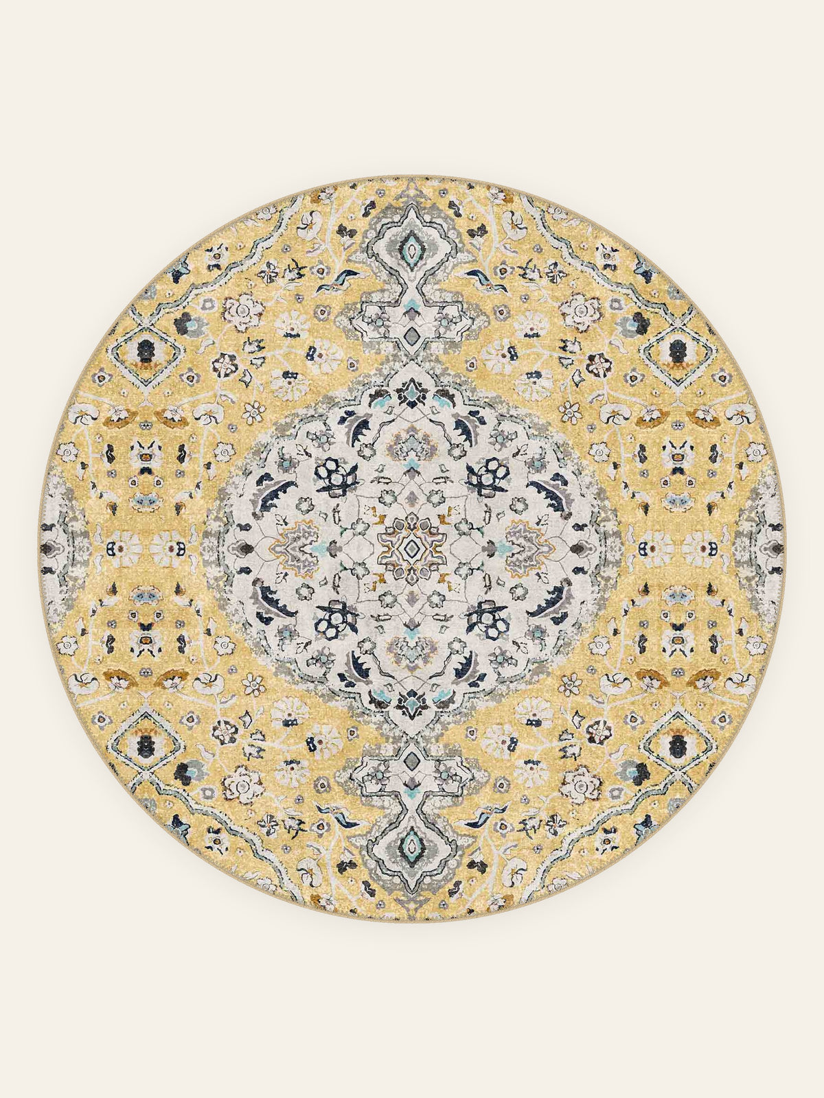 Golden Medallion washable rug, round shape, top view