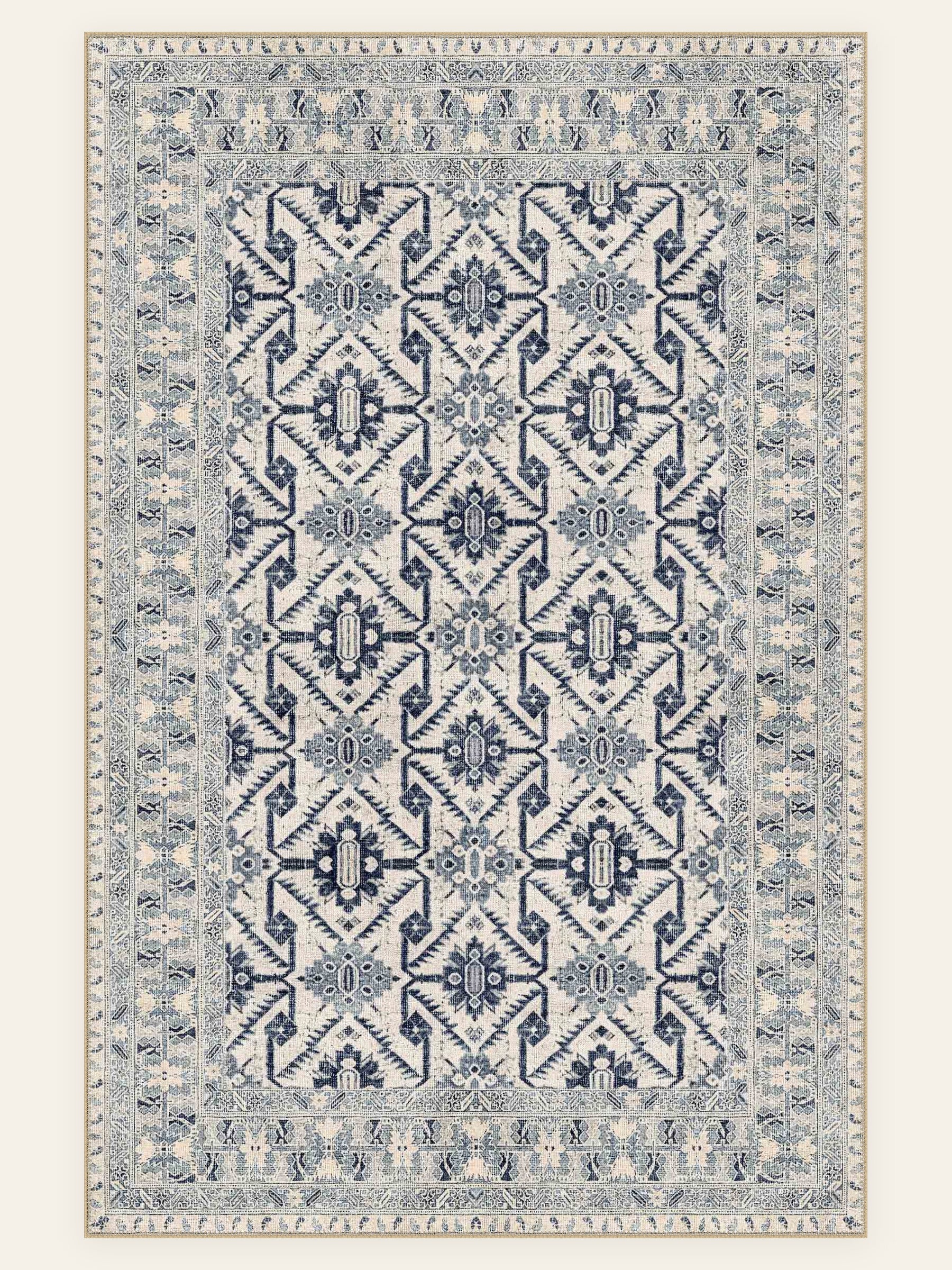 Indigo Trellis washable rug, rectangle shape, top view