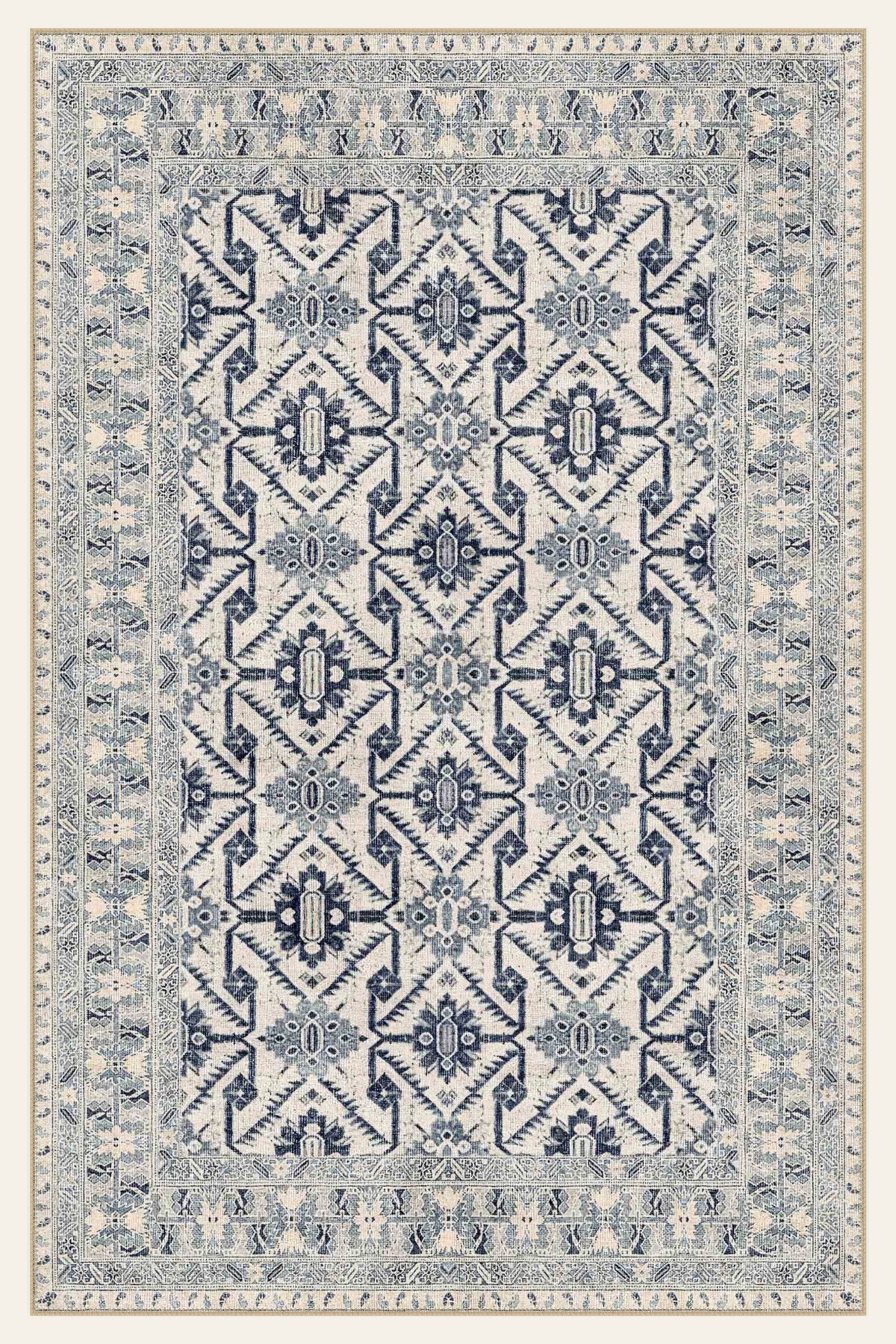 Indigo Trellis washable rug, rectangle shape, top view