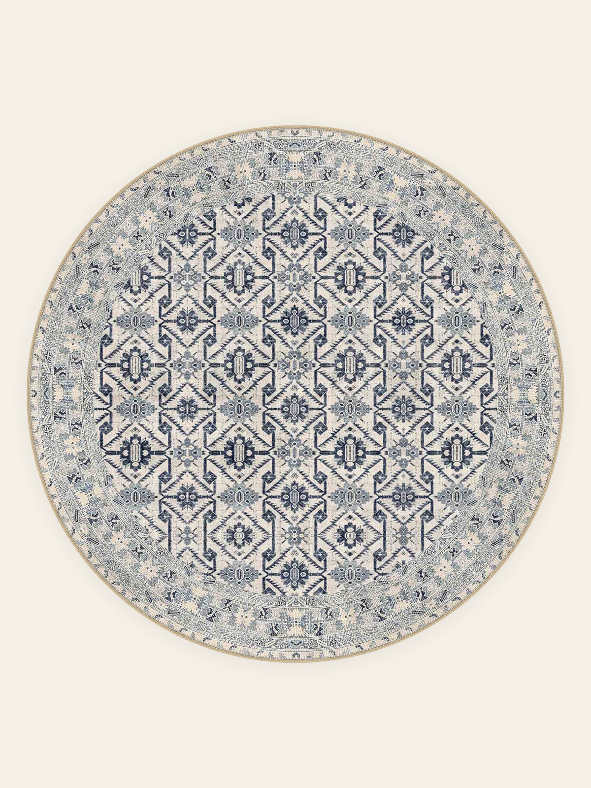 Indigo Trellis washable rug, round shape, top view