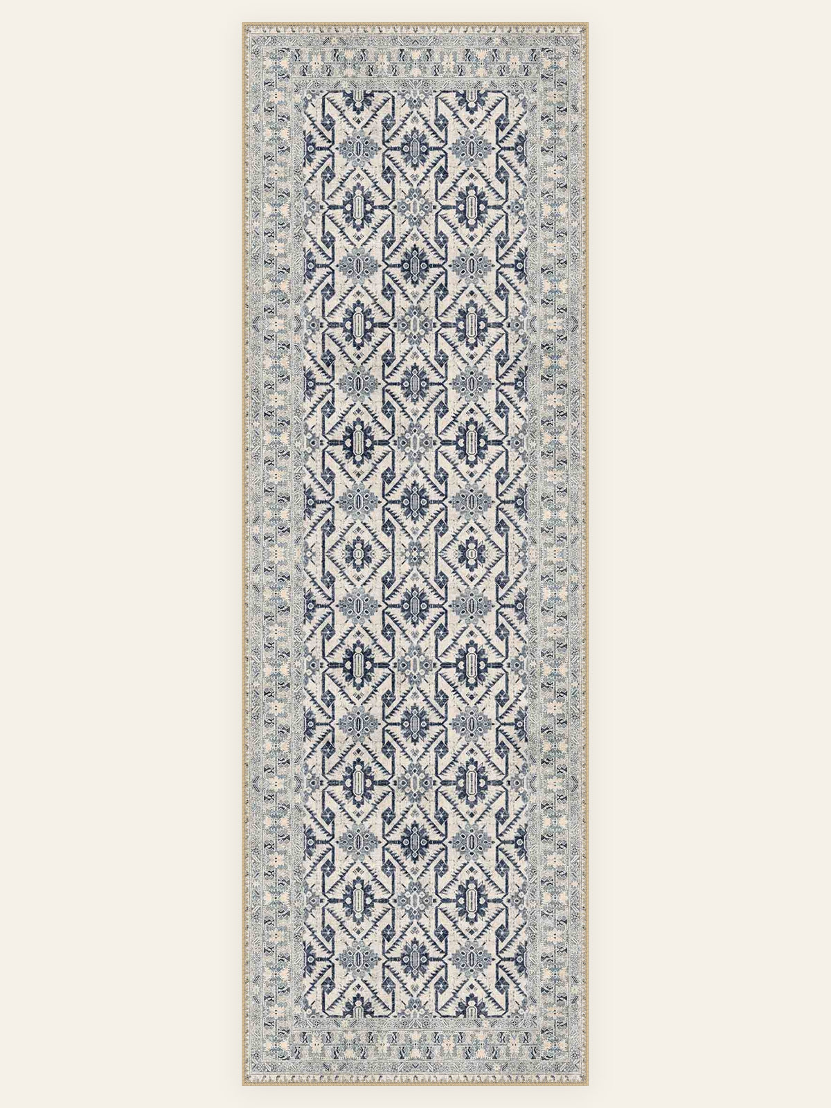 Indigo Trellis washable rug, runner shape, top view