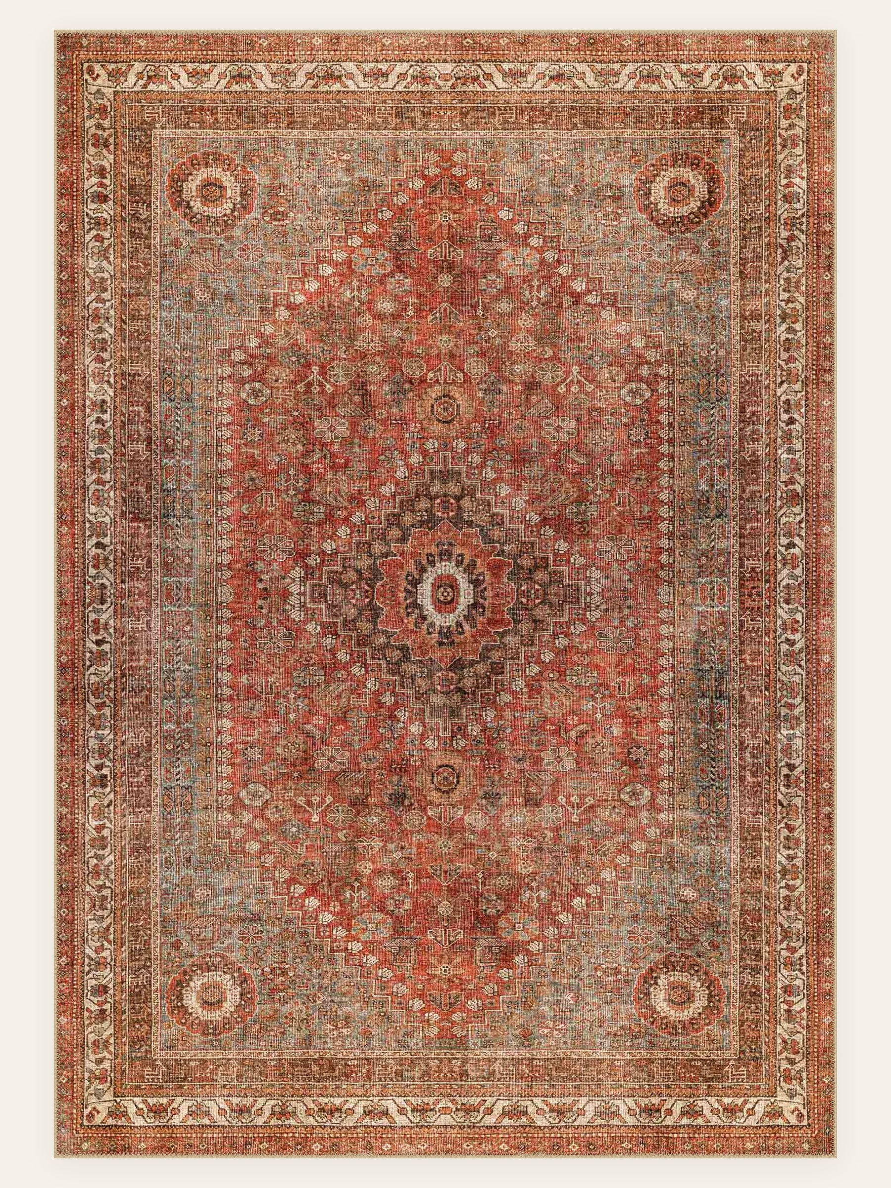 Rustic Heriz washable rug, rectangle shape, top view