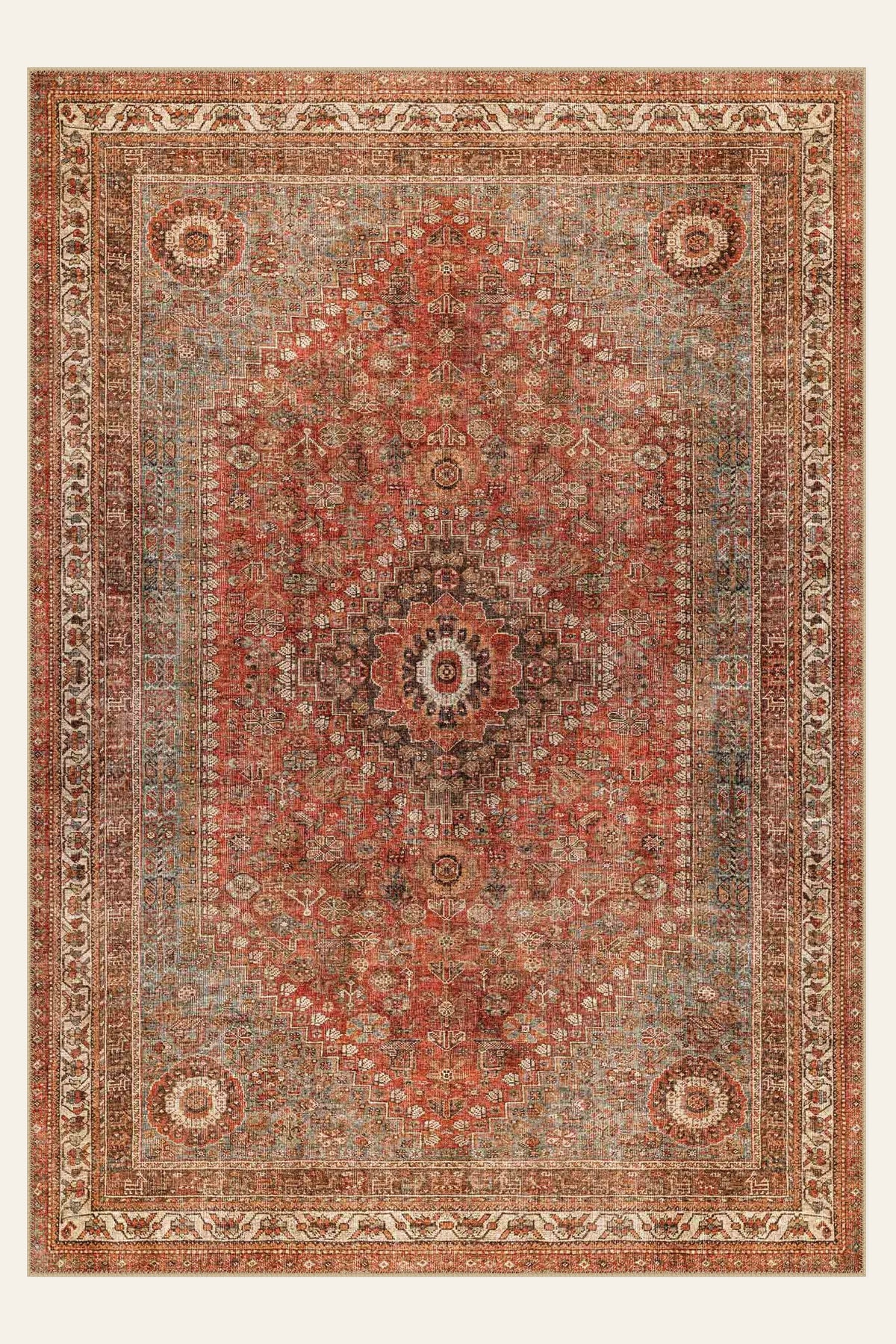 Rustic Heriz washable rug, rectangle shape, top view