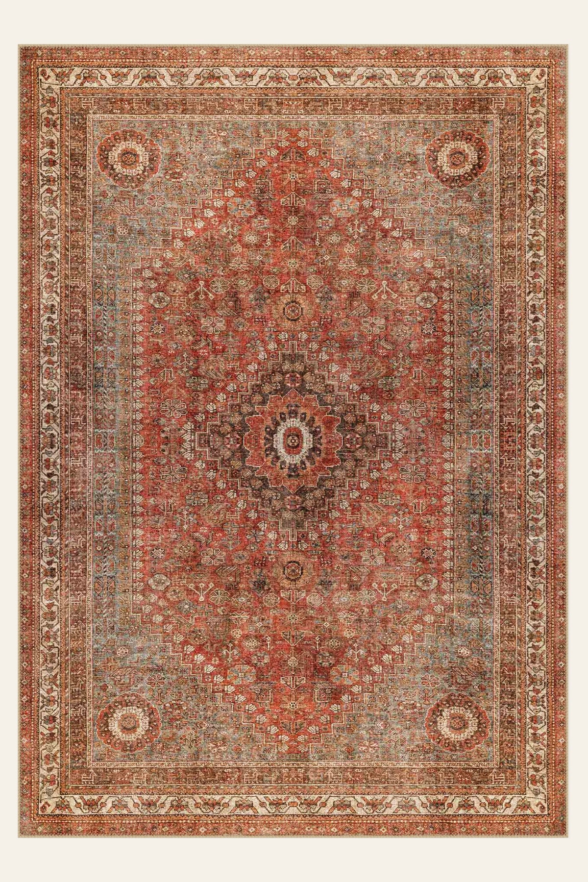 Rustic Heriz washable rug, rectangle shape, top view