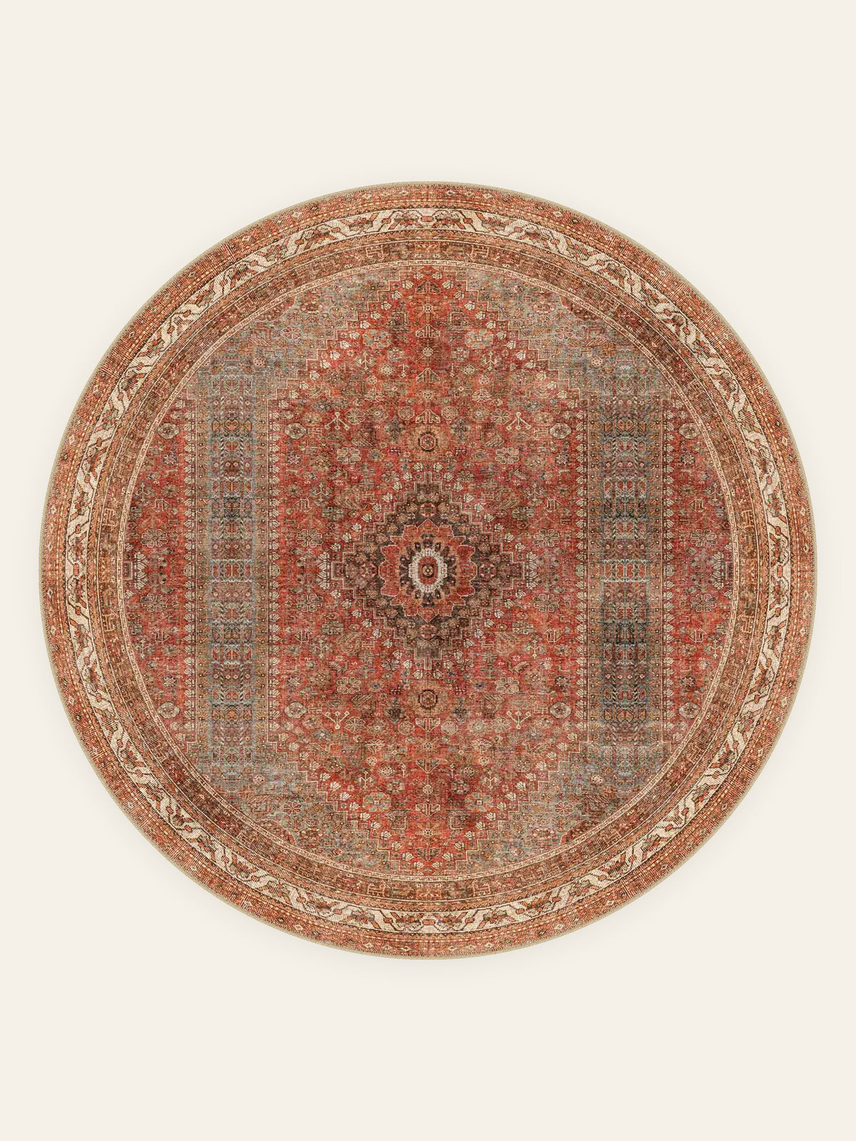 Rustic Heriz washable rug, round shape, top view