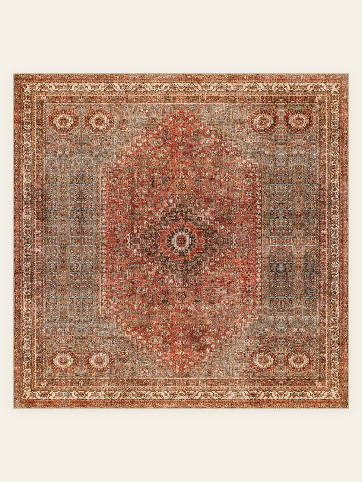 Rustic Heriz washable rug, square shape, top view