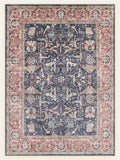 Navy Rosette washable rug, rectangle shape, top view
