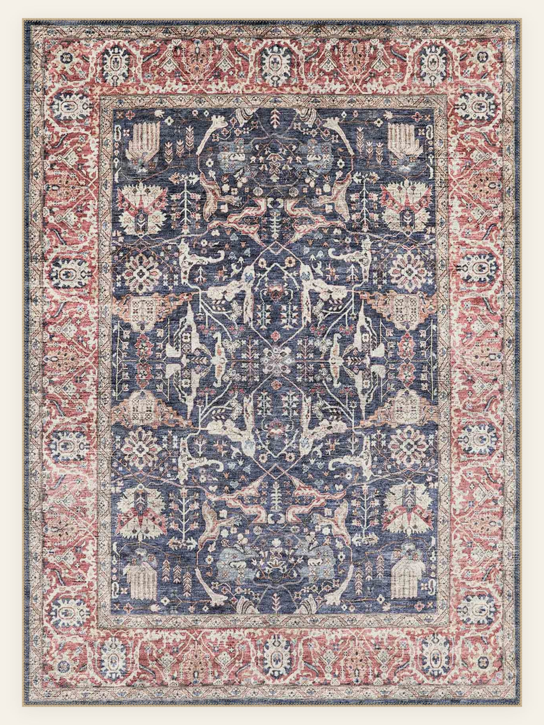 Navy Rosette washable rug, rectangle shape, top view