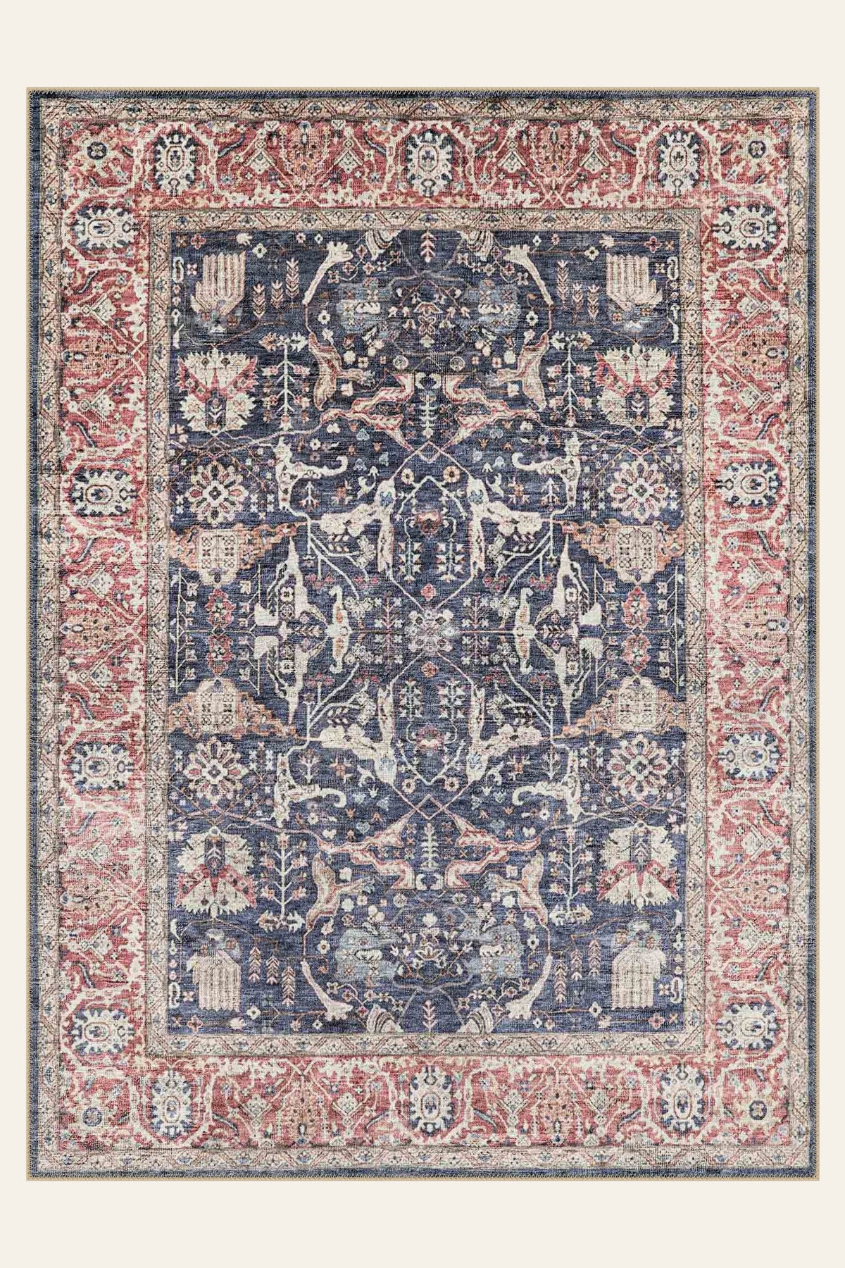 Navy Rosette washable rug, rectangle shape, top view