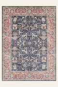 Navy Rosette washable rug, rectangle shape, top view