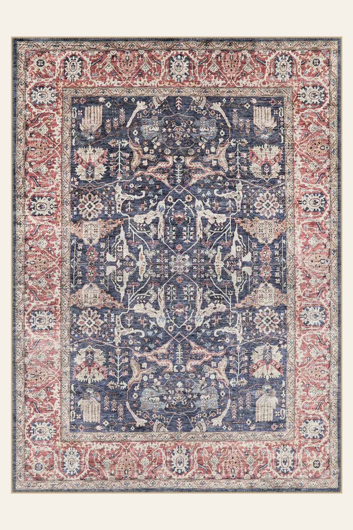 Navy Rosette washable rug, rectangle shape, top view