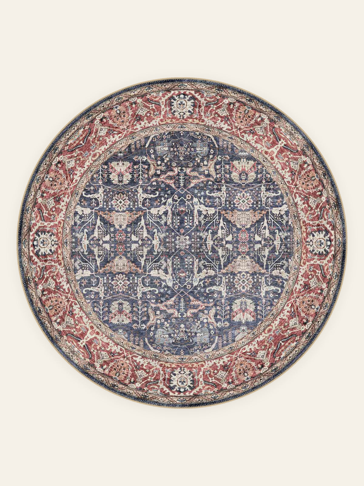 Navy Rosette washable rug, round shape, top view
